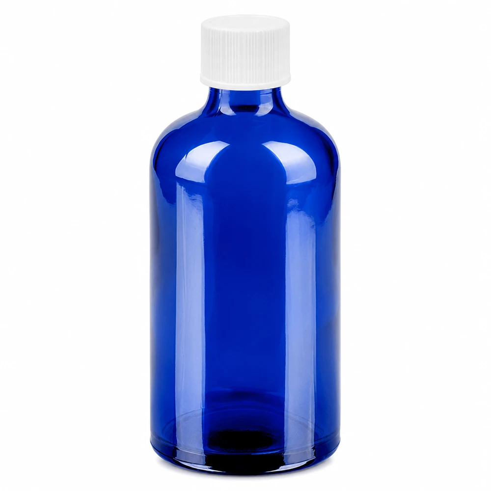 100 ml flaske 11 mm SV hvid STD BlueLine UT18/100 Blå glasflaske 100 ml med hvidt skruelåg 11 mm til æteriske olier og kosmetik