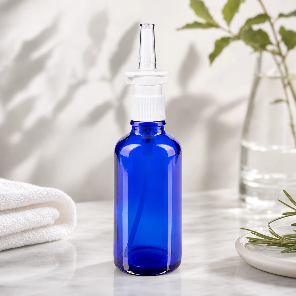 Blå 50 ml glasflaske med næsesprayhoved på hvid marmor ved siden af en rosmarinkvist