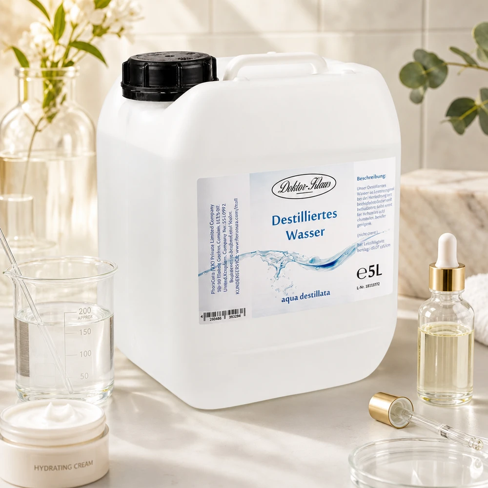 5 liter destilleret vand Doktor Klaus Doktor-Klaus 5L beholder med destilleret vand i kosmetisk laboratoriemiljø med glasvarer og pipetter