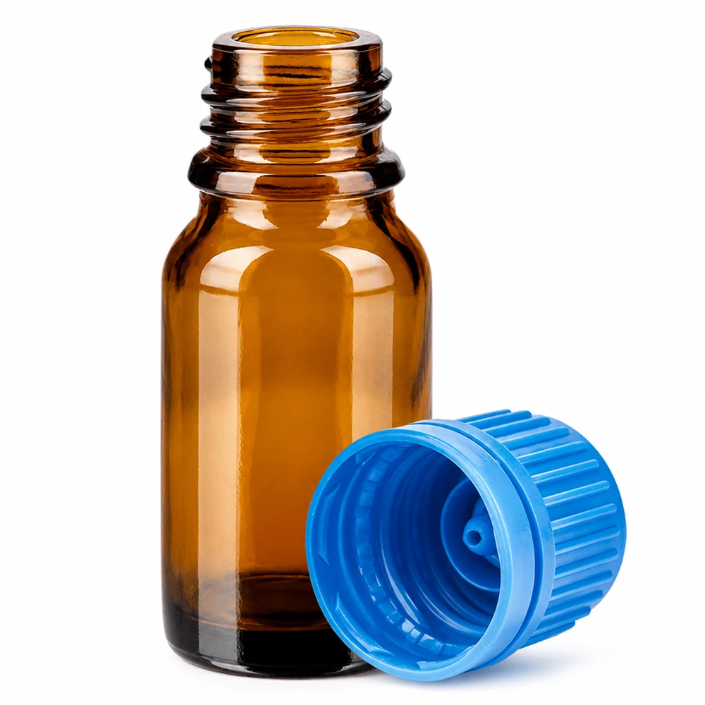 10 ml flaske 11 mm SV blå OV BrownLine UT18/10 10 ml ravfarvet glasflaske med UV-beskyttelse og blå hætte til lysfølsomme væsker