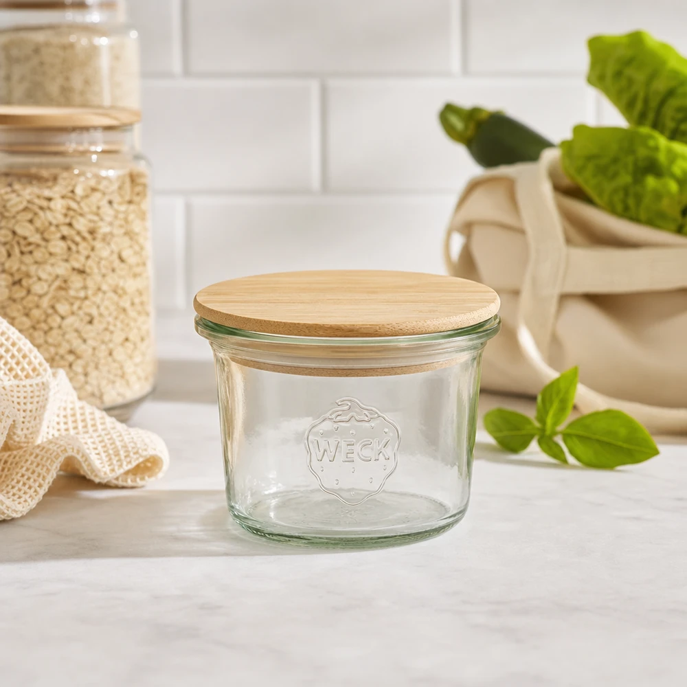 35 ml mini Briller WECK RR40 med trælåg WECK mini murerbalje 35ml RR40 med bambus trælåg i bæredygtigt køkken med opbevaringskrukker og grønne planter
