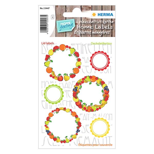 Lågetiketter "Fruit" (18 klistermærker) ø24/43mm | 3 ark = 18 papirklistermærker. Lågetiketter "Fruit" (18 klistermærker) ø24/43mm | 3 ark = 18 papirklistermærker.