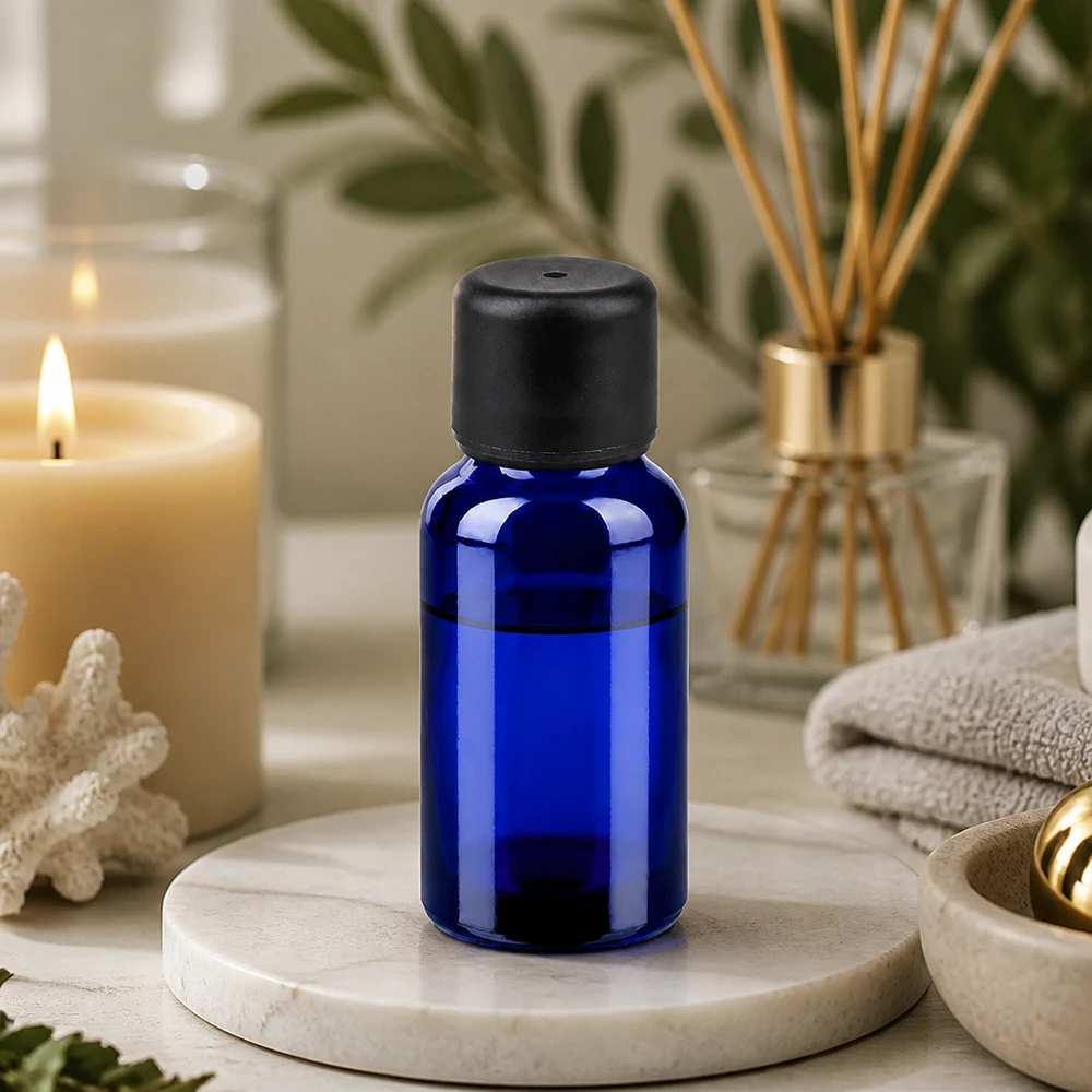 20 ml flaske 6 mm SV sort STD BlueLine UT18/20 Elegant koboltblå 20 ml glasflaske med mat sort hætte til aromaterapi og spa.