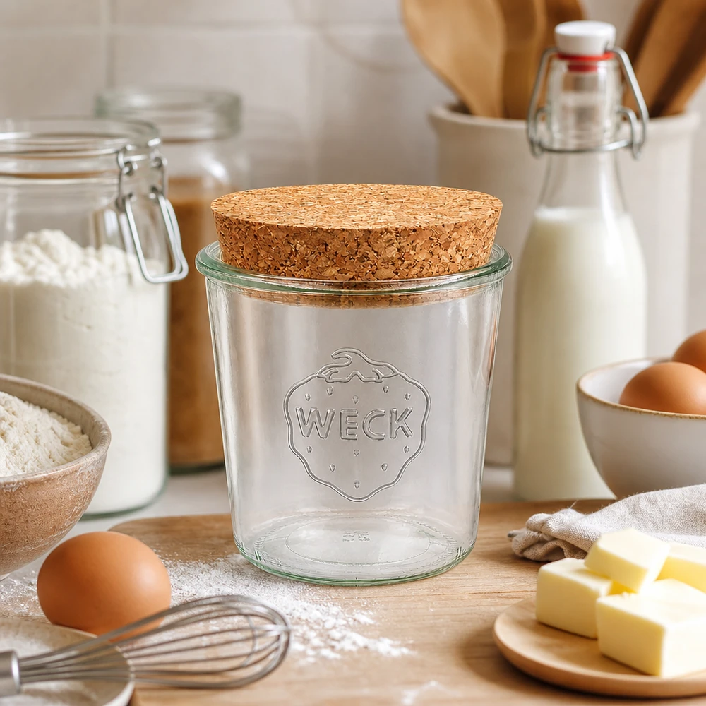 580 ml Briller WECK RR100 med kork natur WECK 580 ml RR100-bægre med naturkork i bagekøkkenet placeret mellem mel, æg, smør og mælk til bagning