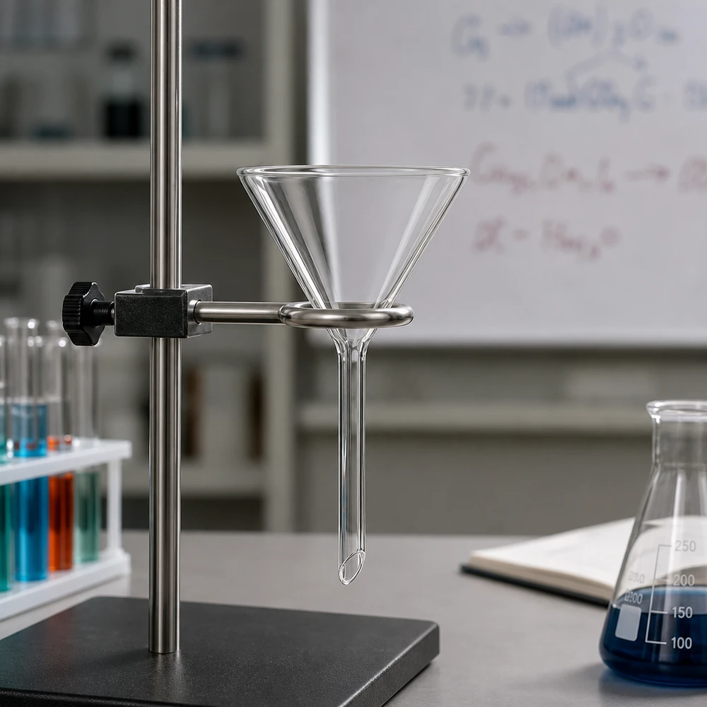 Tragt Ø 60mm sodakalk, vinkel 60°, kort model Gennemsigtig laboratorietragt af robust soda-kalk-materiale med 60 mm åbning til kemiske eksperimenter