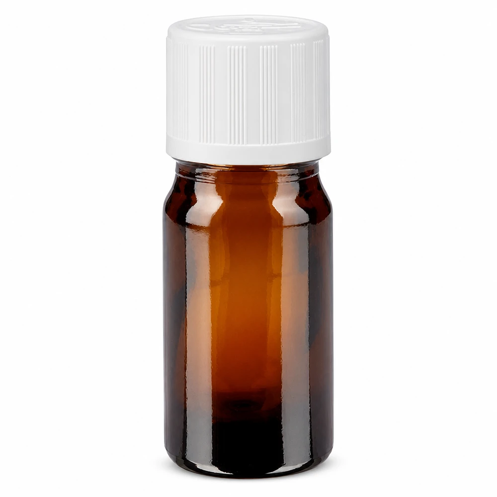 Apoteksflaske brun 5ml skruelåg hvid KiSi St 5 ml brun apotekerflaske med hvid børnesikret låg (11 mm) af brunt glas