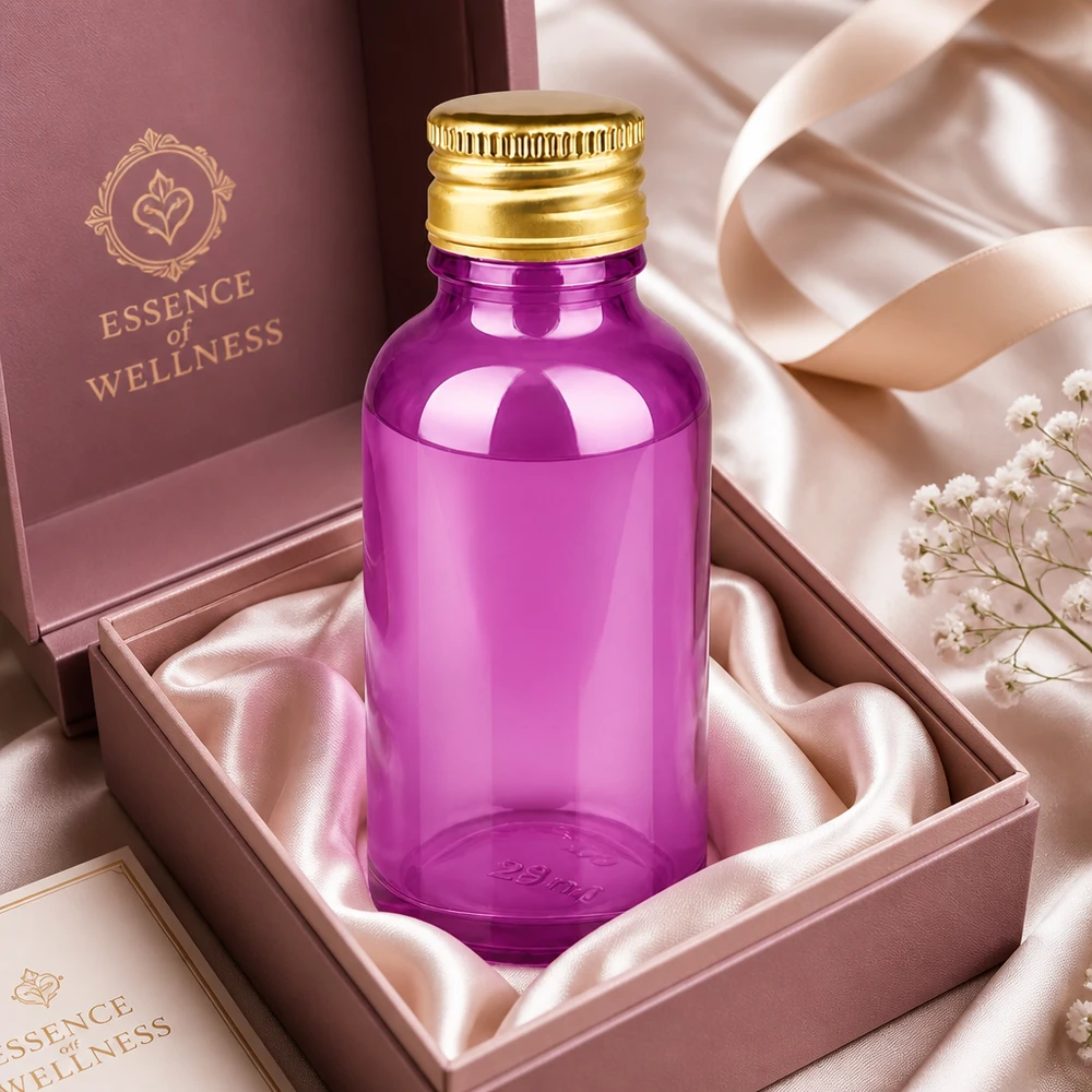 30 ml flaske 11 mm skruelåg aluminium guld standard PurpleLine. UT18/30 30 ml premium glasflaske i lilla med UT18-gevind og guld aluminiumshætte til wellness-produkter