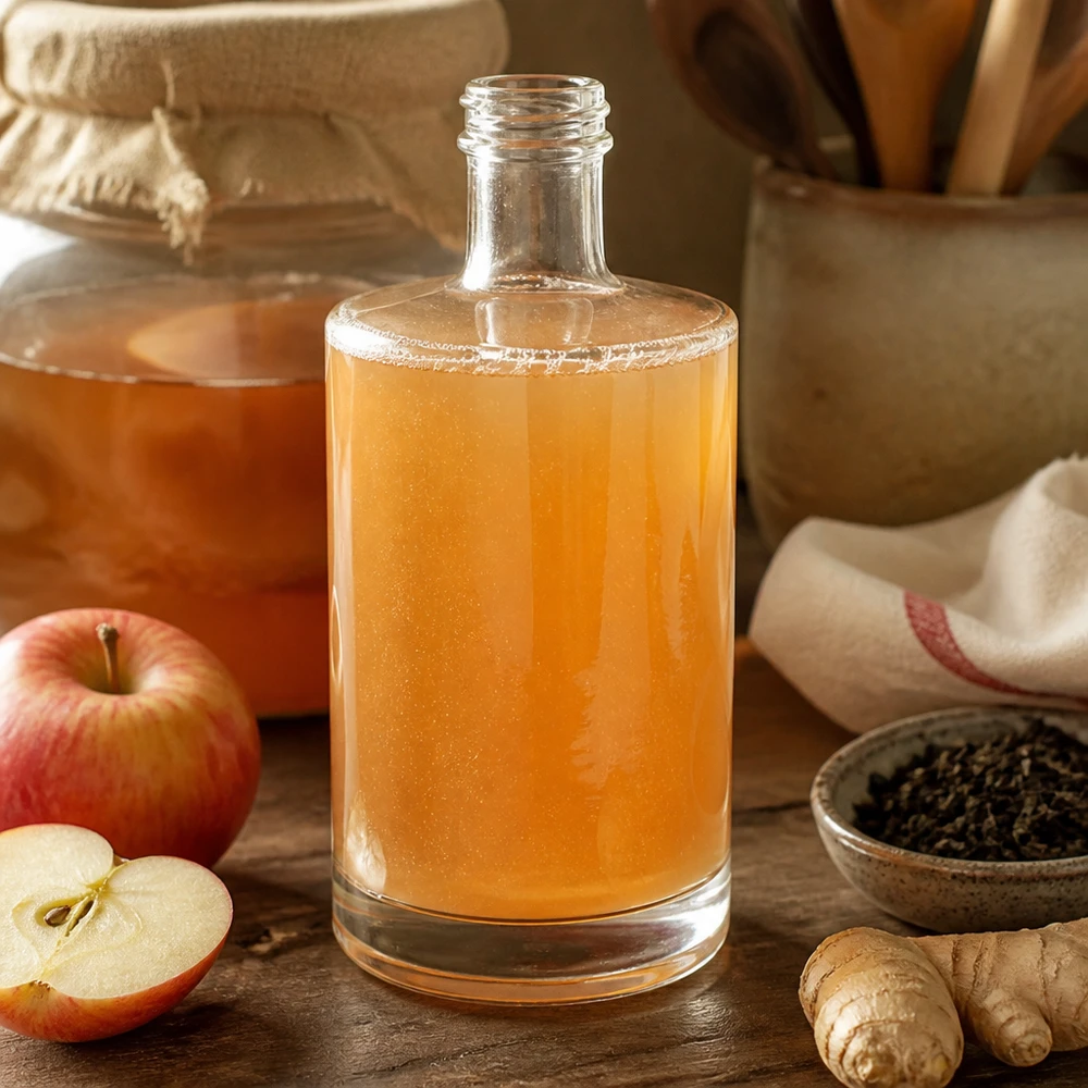 500 ml glasflaske »Sam« uden skruelåg UNiTWIST® 500ml Glasflasche Sam mit hausgemachtem Kombucha befüllt neben Äpfeln und Ingwer rustikale Küchen Atmosphäre