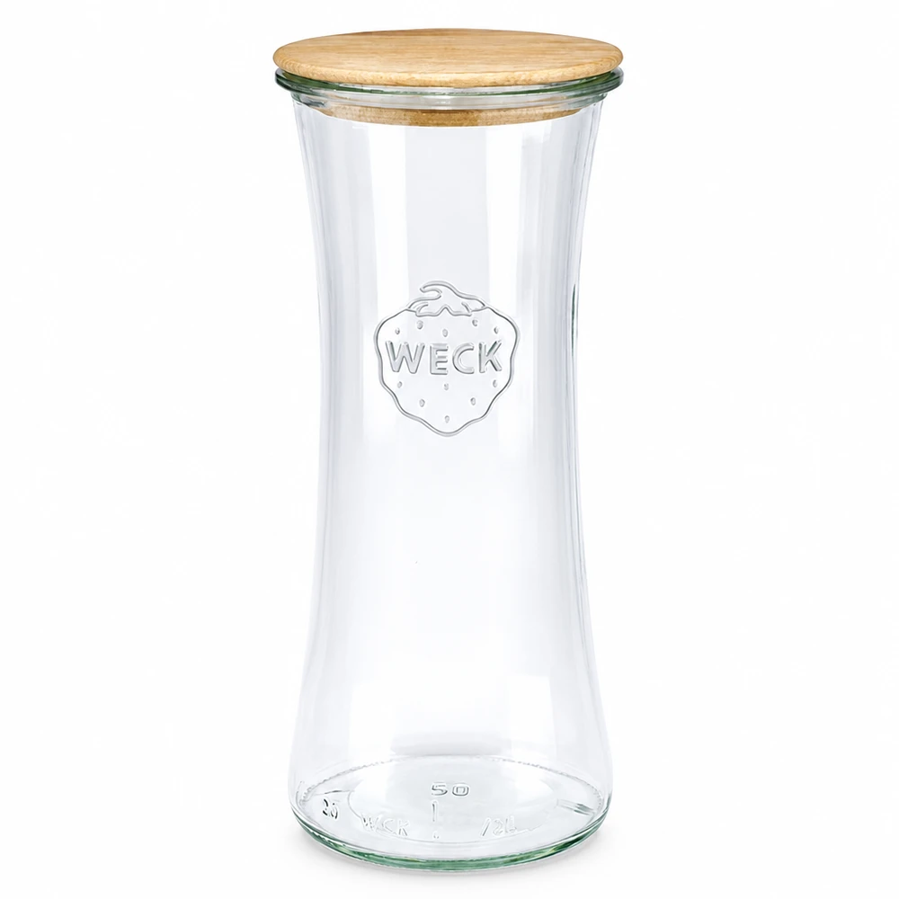 700 ml delikatesseglas WECK RR80 med trælåg WECK delikatesseglas 700 ml RR80 med trælåg Konservesglas i gennemsigtigt glas med bambuslåg