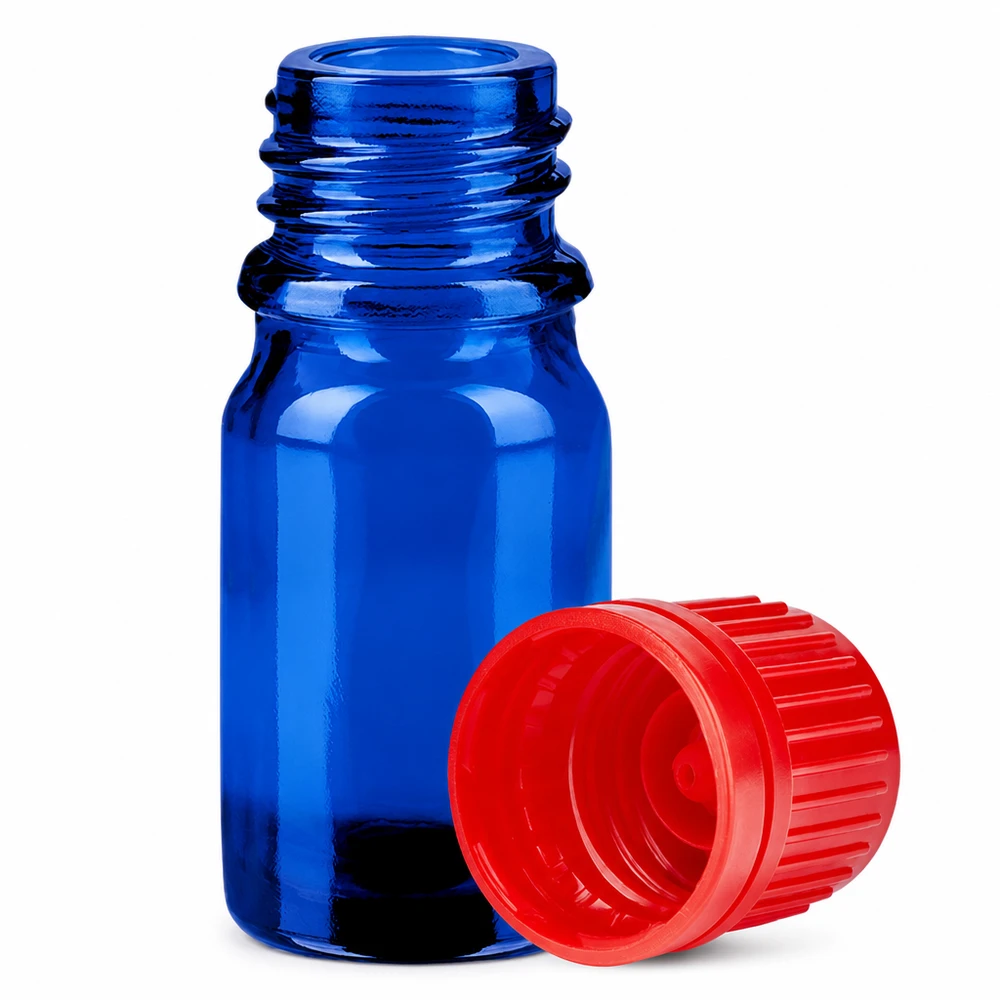 5 ml flaske 11 mm SV rød OV BlueLine UT18/5 Blå glasflaske 5ml med 11mm rød hætte til æteriske olier BlueLine UT18/5