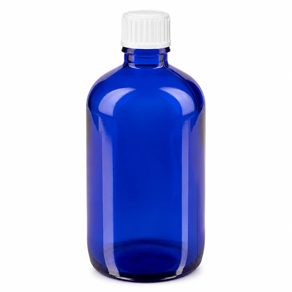 Apoteksflaske blå 100ml skruelåg hvid stk. 100 ml blå apotekerflaske af glas med hvid skruelåg, 11 mm standard