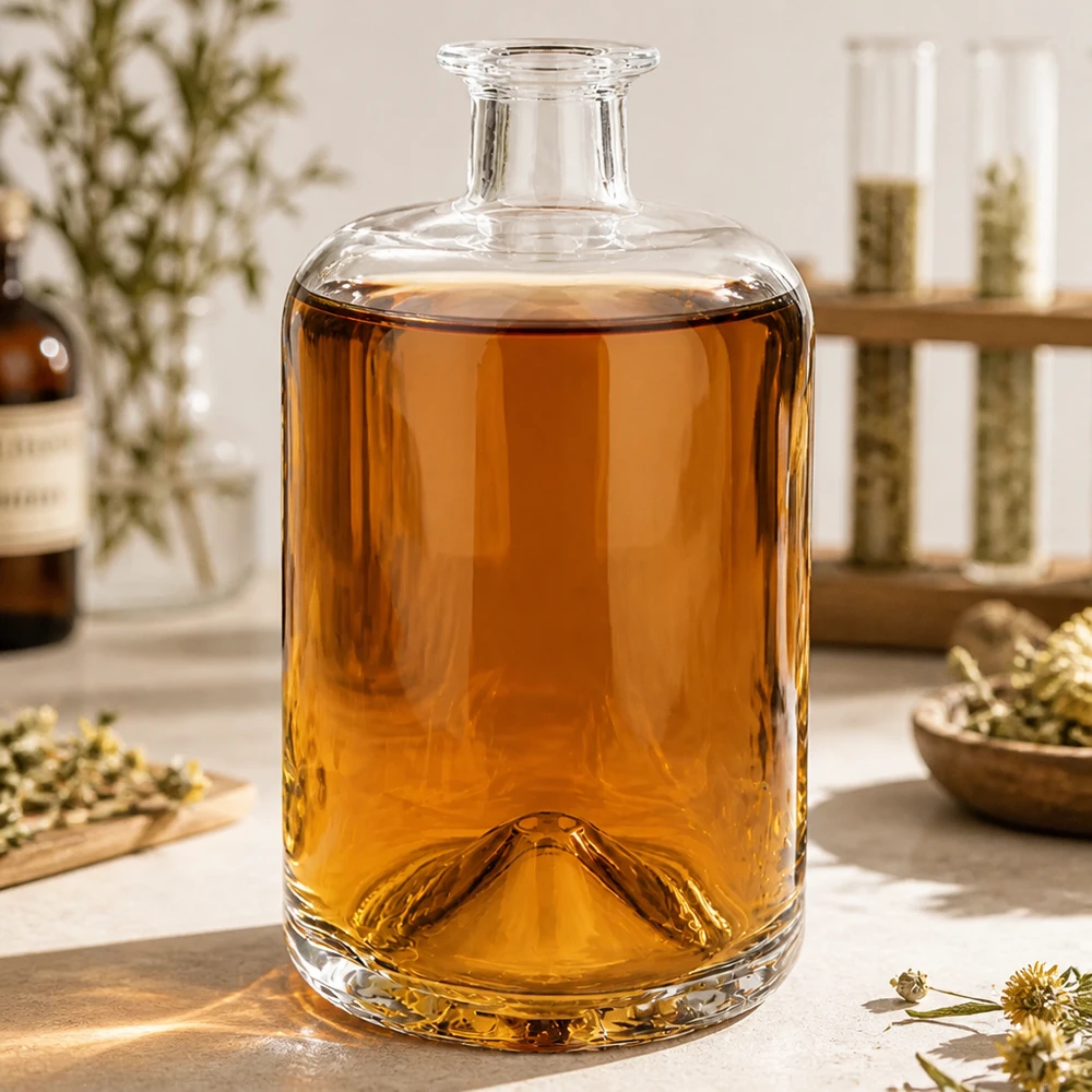 700 ml apoteksflaske »Sofia« uden lukning UNiTWIST® 700ml Glasflasche Sofia mit bernsteinfarbener Flüssigkeit auf Marmortisch neben getrockneten Blüten atmosphärisch inszen