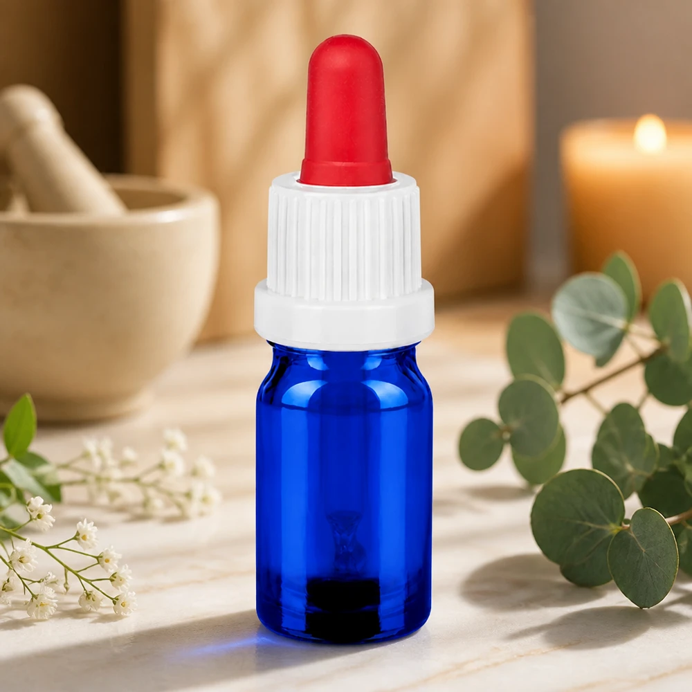5 ml pipetteflaske hvid/rød OV BlueLine UT18/5 5 ml glasflaske i høj kvalitet i blå med dråbepipette til præcis påføring af serum og olier
