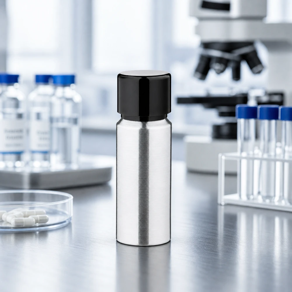 20 ml flaske i poleret aluminium med skruelåg 20 ml aluminiumsflaske med cylindrisk form og skruelåg til præcis dosering af væsker