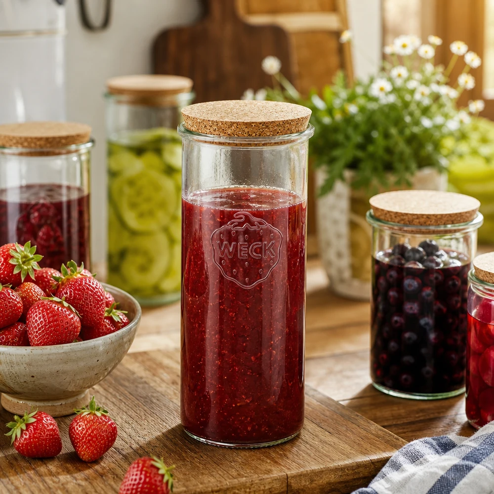 1500 ml Briller WECK RR100 med kork natur WECK opbevaringskrukke 1500 ml fyldt med jordbærmarmelade Køkkenstemning Naturligt korklåg Konserveringskrukke Anvendelse