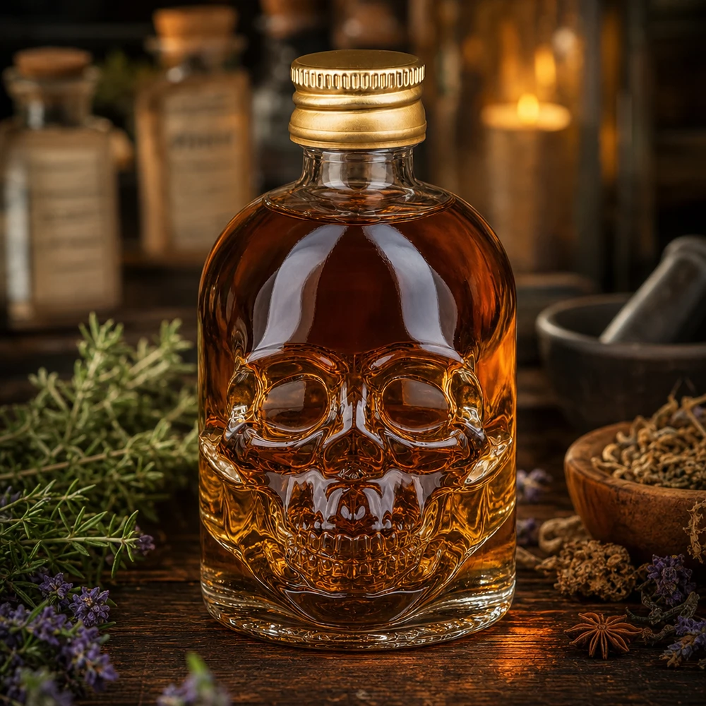 50 ml glasflaske »Hector« og skruelåg guld UNiTWIST® 50 ml glasflaske Hector kraniedesign med krydderurter og apotekslignende belysning