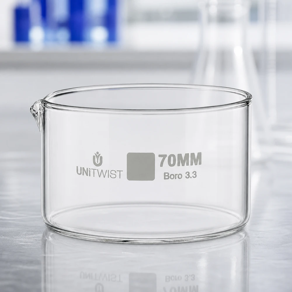 Krystalliseringsskål ø70mm borosilikatglas UNiTWIST Tom krystalliseringsskål 70 mm UNiTWIST, klart borosilikatglas 3.3 med udløbsnæb, laboratoriemiljø