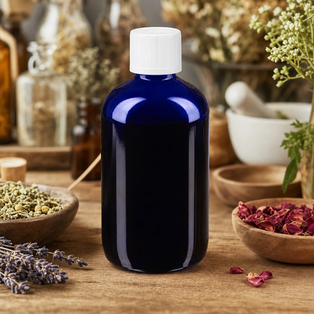 Apoteksflaske blå 100 ml dråbetæller hvid KiSi St Blå 100 ml apotekerflaske med dråbeindsats blandt tørrede urter og blomster