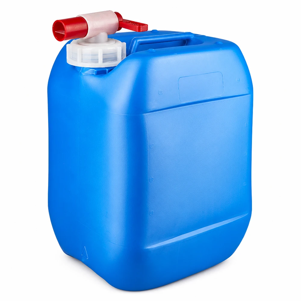 Blå 10-liters plastdunk med rødt udløbshan og hvidt skruelåg
