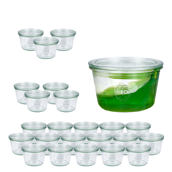 Sæt med 24 Weck-krukker 370 ml Briller med 24 glaslåg Sæt med 24 Weck-krukker 370 ml Briller med 24 glaslåg