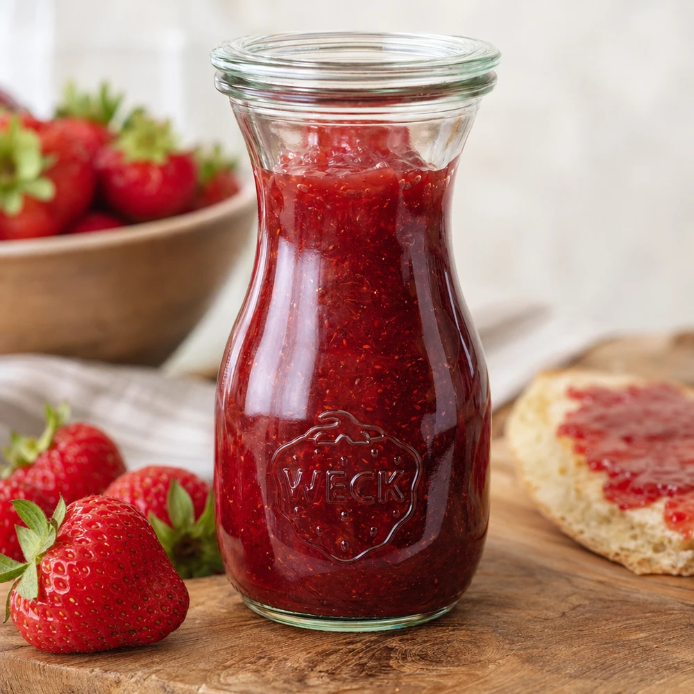 290 ml saftflaske med glaslåg WECK RR60 WECK juiceflaske 290 ml RR60 fyldt med rød jordbærmarmelade ved siden af friske jordbær og brød på et træbræt