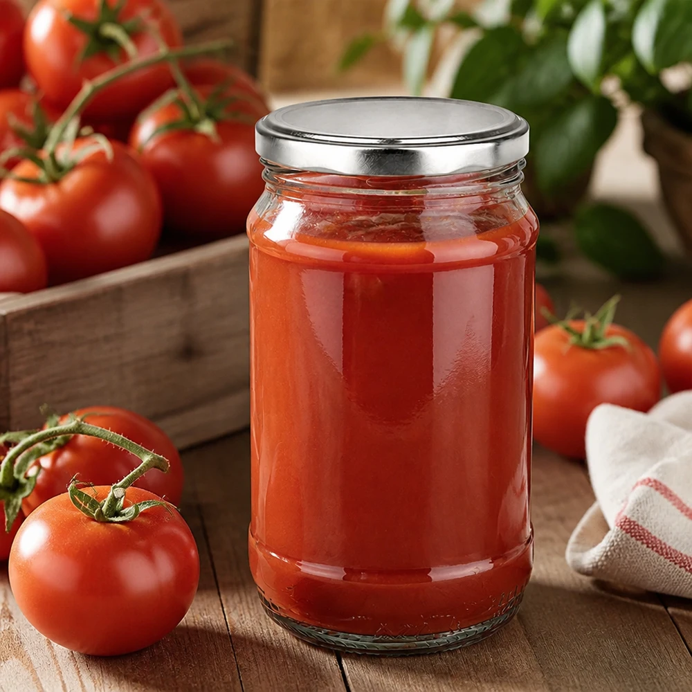 370 ml rundt glas + BasicSeal sølv UNiTWIST Konservesglas på 370 ml med sølvfarvet skruehætte, fyldt med hjemmelavet tomatpassata