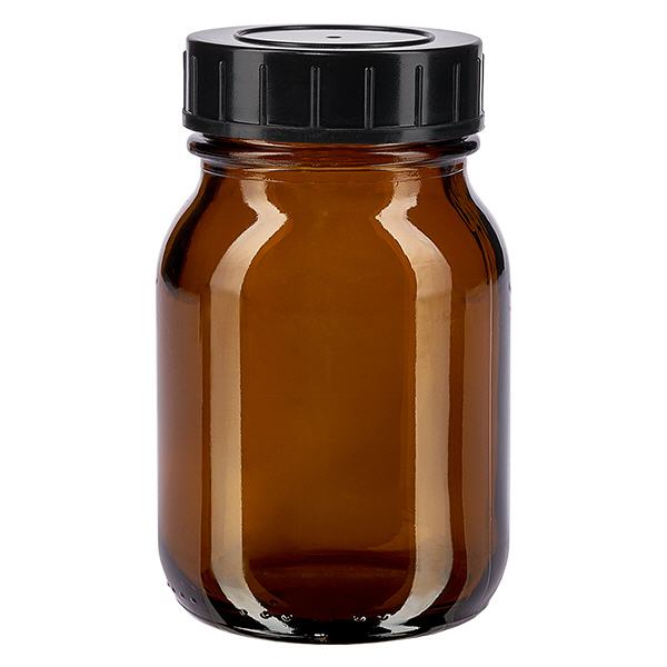 75 ml flaske med bred hals i ravfarvet glas med skruelåg 75 ml flaske med bred hals lavet af ravfarvet glas med sort skruelåg til sikker beskyttelse af indholdet