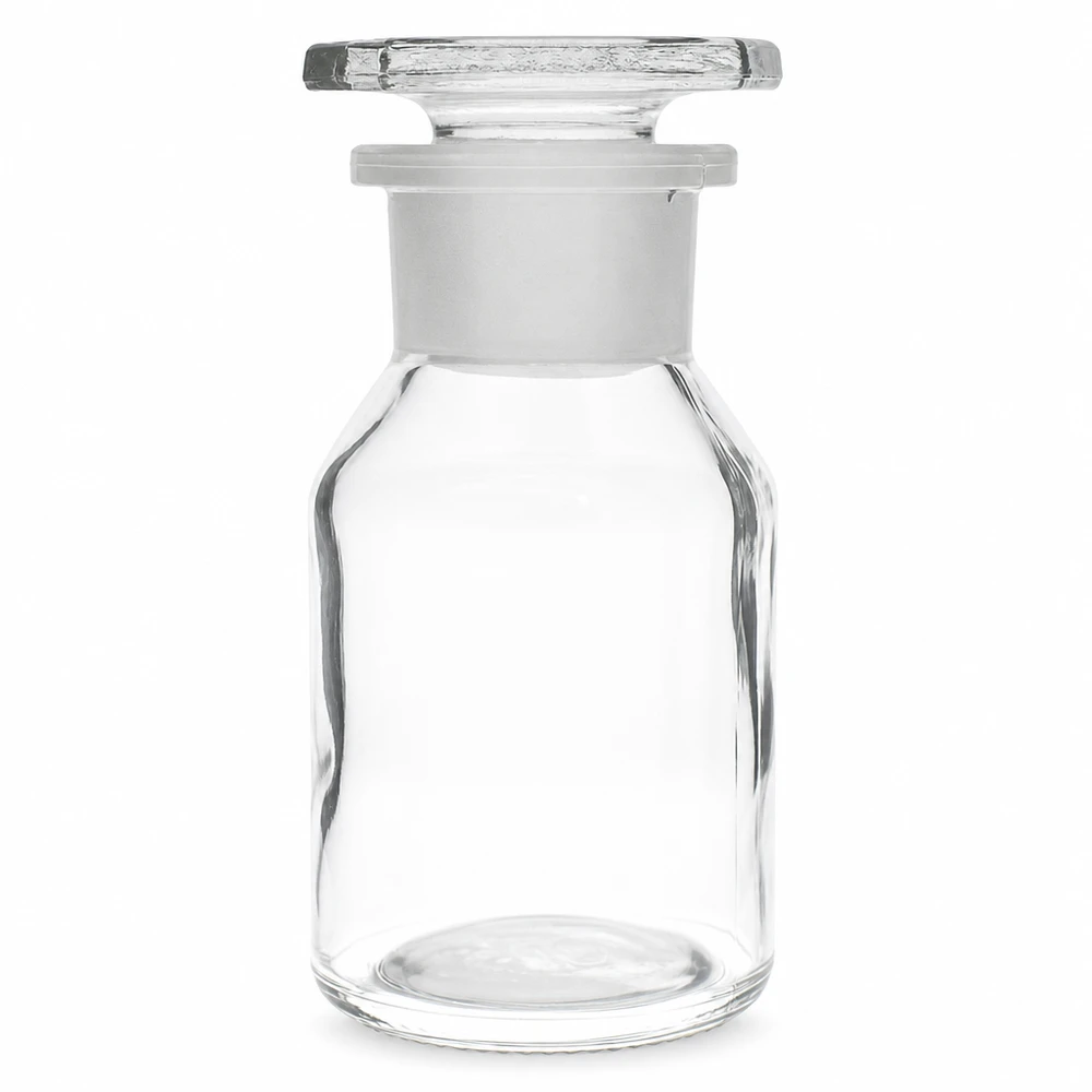 Steep neck-flaske 50 ml klar glasprop med bred hals Flaske med bred hals og konisk bryst, 50 ml, gennemsigtig, med indslibet glasprop til laboratoriekemikalier