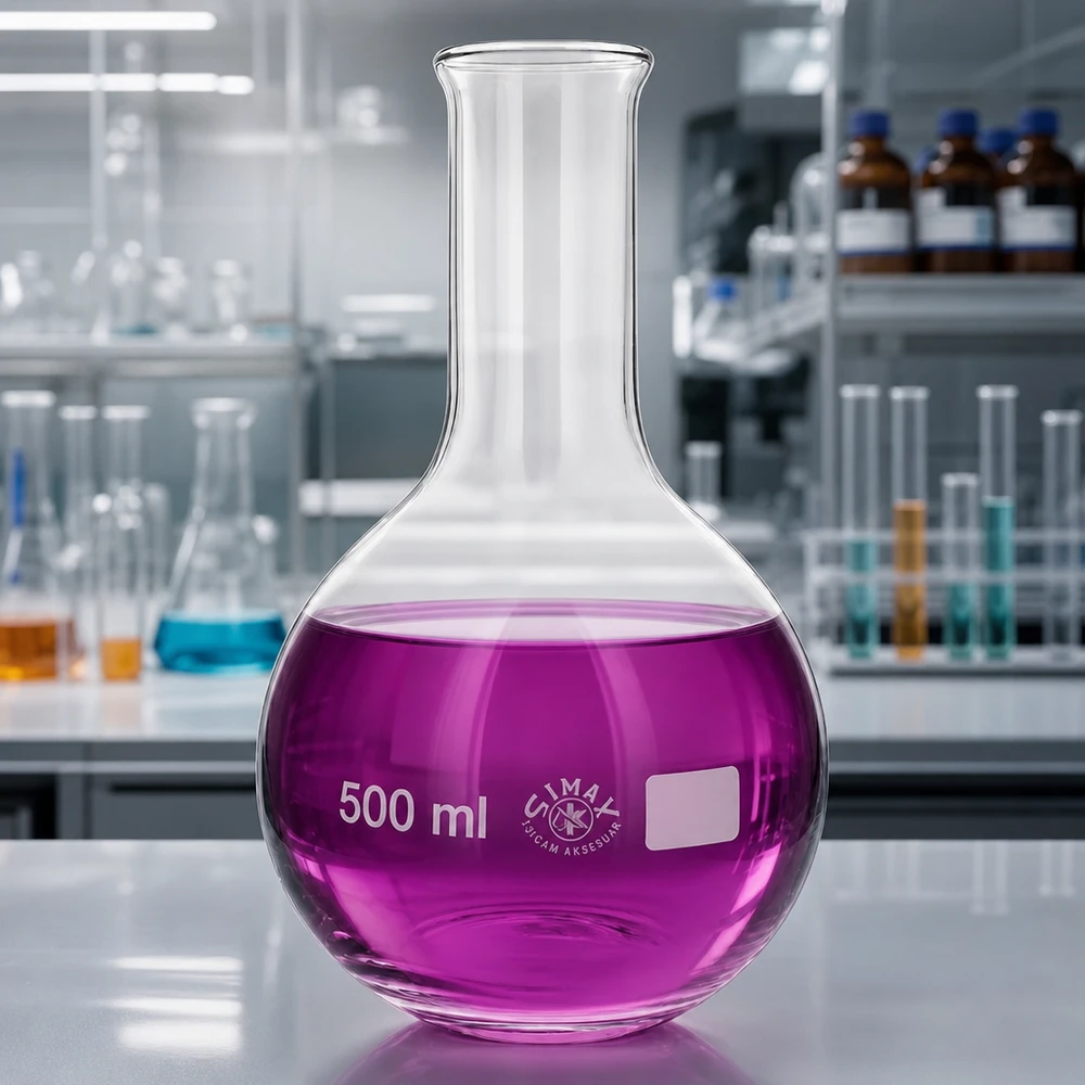 Stående kolbe 500 ml med smal hals Stående kolbe 500 ml med smal hals med violet væske i et moderne laboratoriemiljø