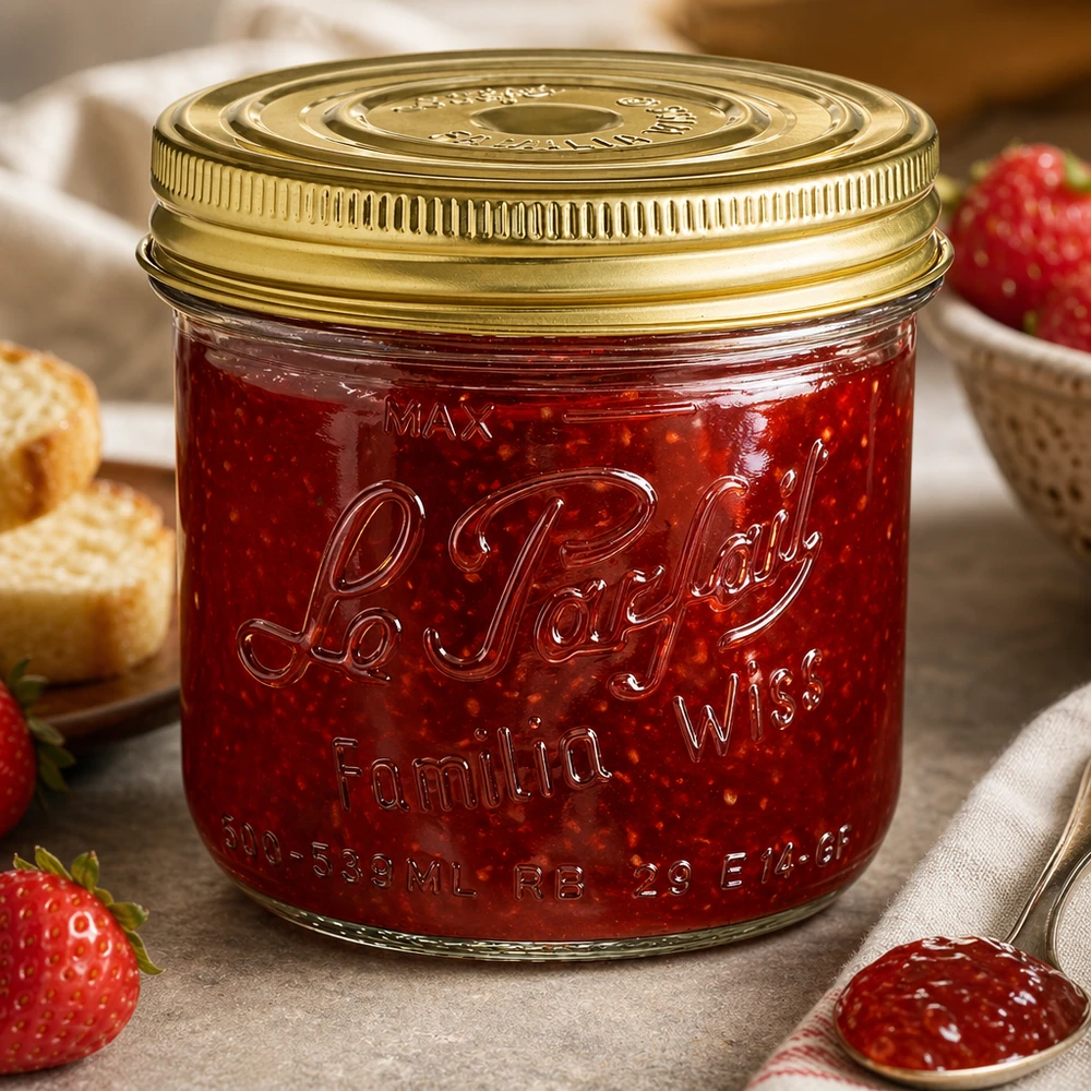 Le Parfait® Familia Wiss 500 g Ø100 mm glas 539 ml Familia Wiss-krukke med gyldent låg fyldt med rød marmelade ved siden af friske jordbær og brød
