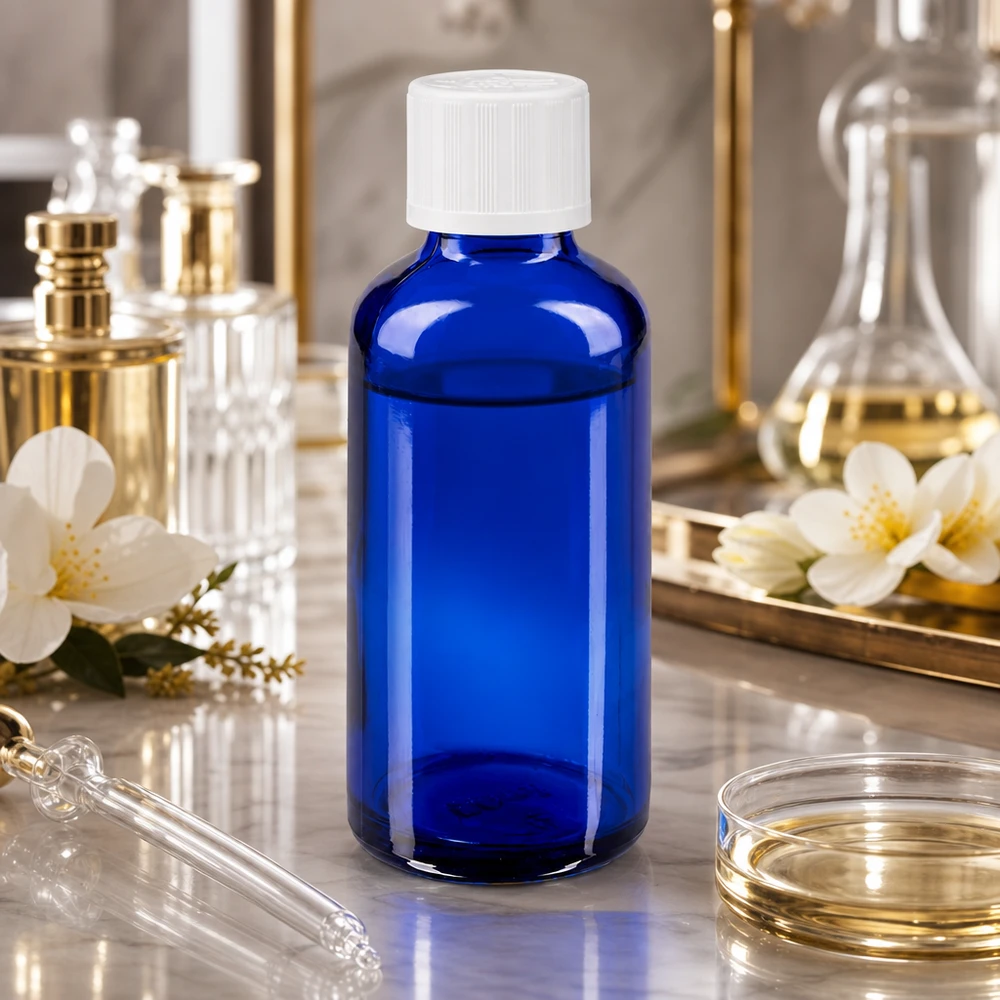 Blå 50 ml glasflaske med hvidt dråbehoved på marmor ved siden af en laboratoriekolbe og jasminblomster