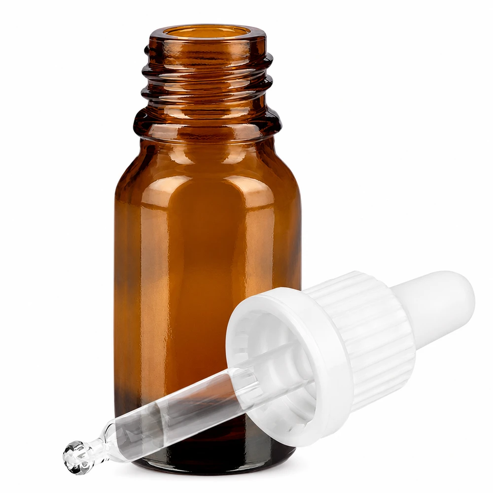 10 ml pipetteflaske hvid OV BrownLine UT18/10 Brun 10 ml glasflaske med pipette og hvid hætte til laboratorie- og kosmetikbrug