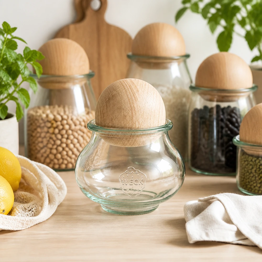 560 ml smykkekrukke WECK RR80 med trækugle bøg WECK smykkekrukke 560ml RR80 bøgekugle køkkenorganisation opbevaringskrukke sæt citroner korn bælgfrugter
