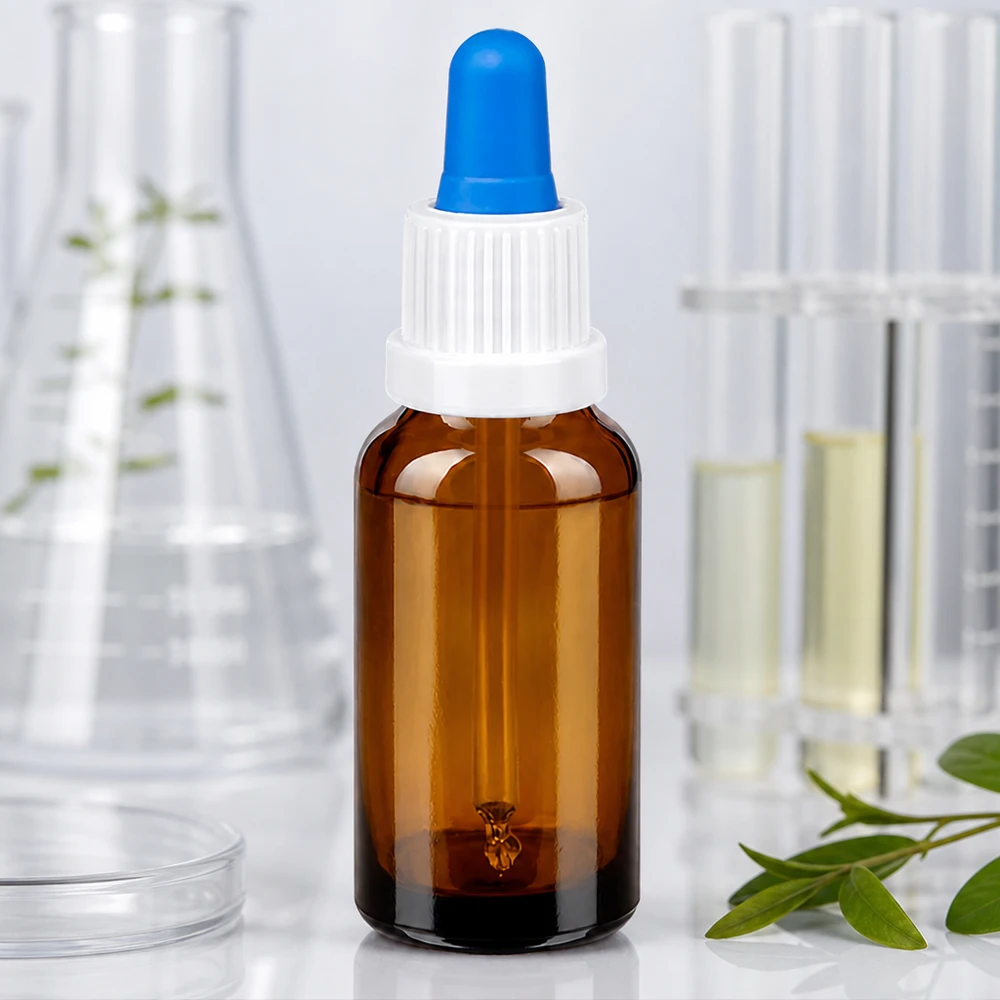 20 ml pipetteflaske hvid/blå OV BrownLine UT18/20 Kompakt 20 ml pipetteflaske lavet af UV-beskyttende ravfarvet glas for optimal produktbevarelse