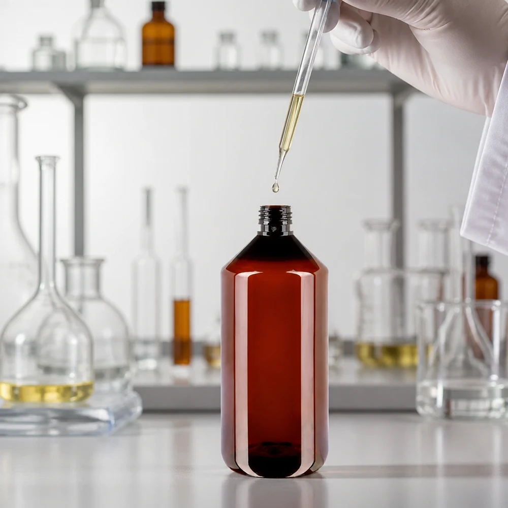 PET-flaske 1000 ml PP28 uden låg Lysbeskyttet PET-flaske, 1000 ml, ravfarvet, PP28-gevind, til brug i laboratoriemiljø med pipette og glasudstyr