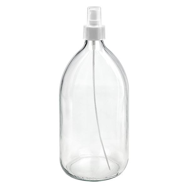 1000 ml medicinflaske, klar, med hvid ApoGlas-pumpesprøjte. Farmaceutisk kvalitet fra EU-produktion. 28 mm (PP28) gevind. (sirup, lys glasflaske) 1000 ml medicinflaske, klar, med hvid ApoGlas-pumpesprøjte. Farmaceutisk kvalitet fra EU-produktion. 28 mm (PP28) gevind. (sirup, lys glasflaske)