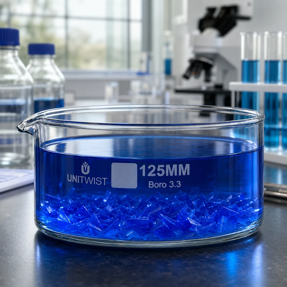 Krystalliseringsskål ø125mm borosilikatglas UNiTWIST Krystalliseringsskål 125 mm UNiTWIST Boro 3.3 med blå krystaller i blå opløsning – laboratoriebillede