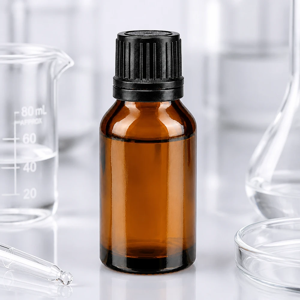 Apotekerflaske, 15 ml, brunt glas med sort dråbepropp, 1 mm præcisionsåbning til laboratoriebrug