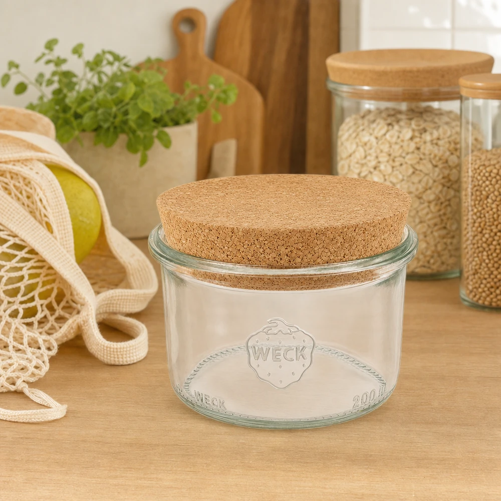 200 ml Briller WECK RR80 med kork natur WECK 200 ml RR80 murerbalje med korklåg i bæredygtigt zero-waste-køkken mellem opbevaringskrukker og juteposer