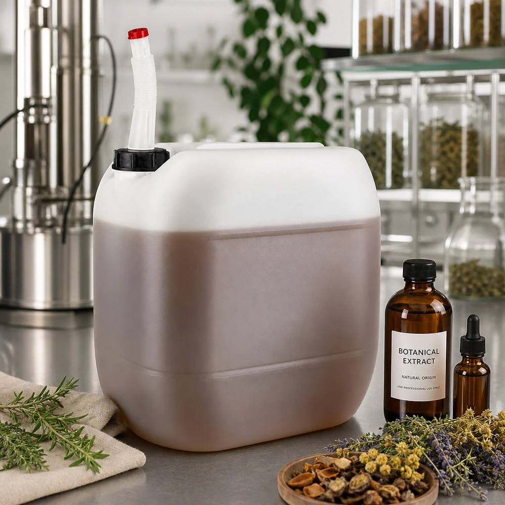 30 liters beholder med Flex-udløbsrør Botanisk ekstrakt i 30-liters dunk med fleksibelt udløbsrør til fremstilling af naturkosmetik