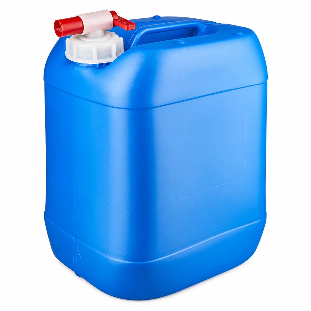 Blå plastdunk på 20 liter med rødt udløbshan og hvidt skruelåg
