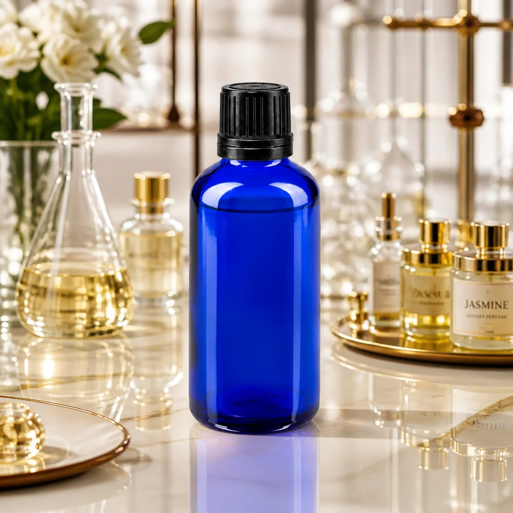 Blå 50 ml apotekerflaske med sort OV-lukning med jasminparfume i et laboratoriemiljø