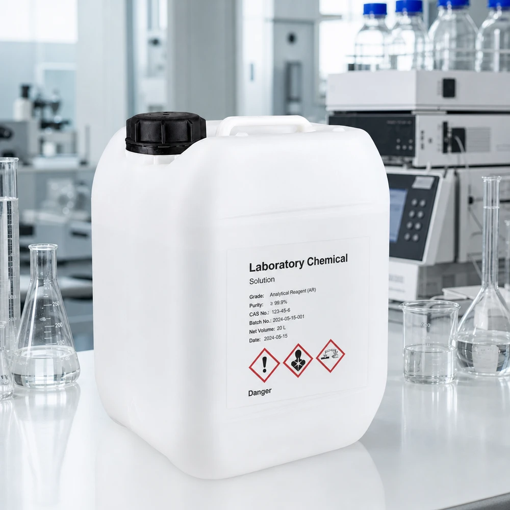 Rektangulær laboratoriebeholder på 5 liter med GHS-faresymboler og mærkning med analysereagenser