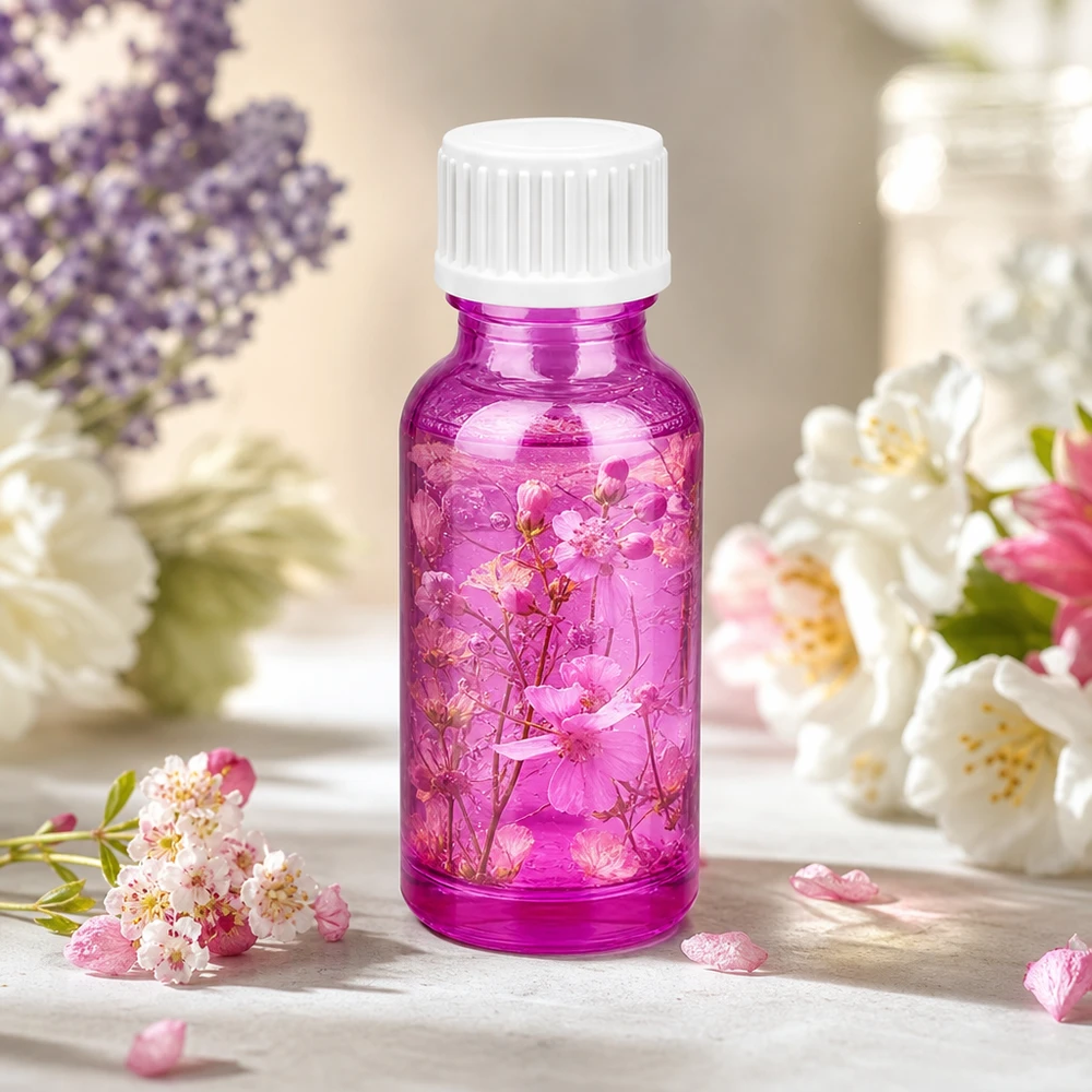 20 ml (kugle) flaske 3 mm hældering hvid standard PurpleLine.UT18/20 20 ml glasflaske af høj kvalitet i strålende violet med rillet skruelåg til sikker opbevaring