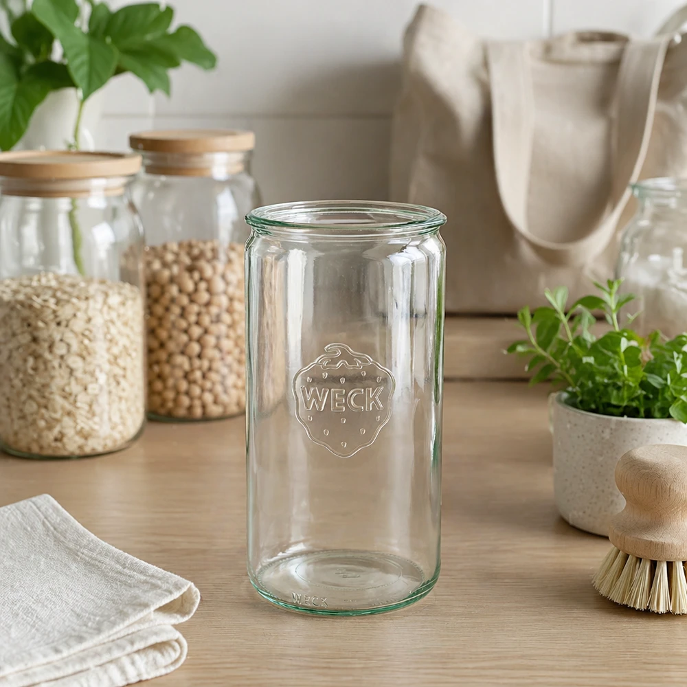 WECK cylinderkrukke 1590ml RR100 transparent i bæredygtigt zero-waste køkken med opbevaringskrukker og naturlige materialer