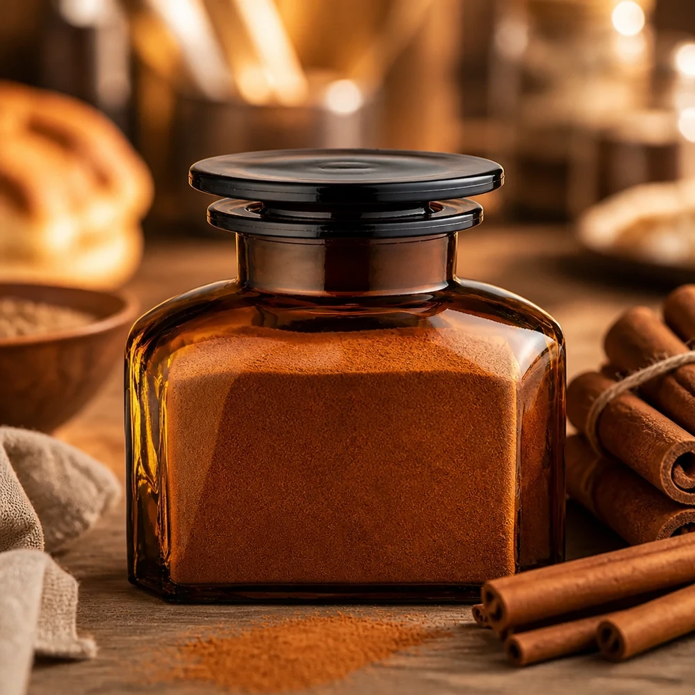 Idé til krydderiglas: Firkantet apotekerflaske 150 ml med bred hals Kanelpulver i en brun, firkantet apotekerflaske med bred hals, 150 ml, ved siden af kanelstænger på træ