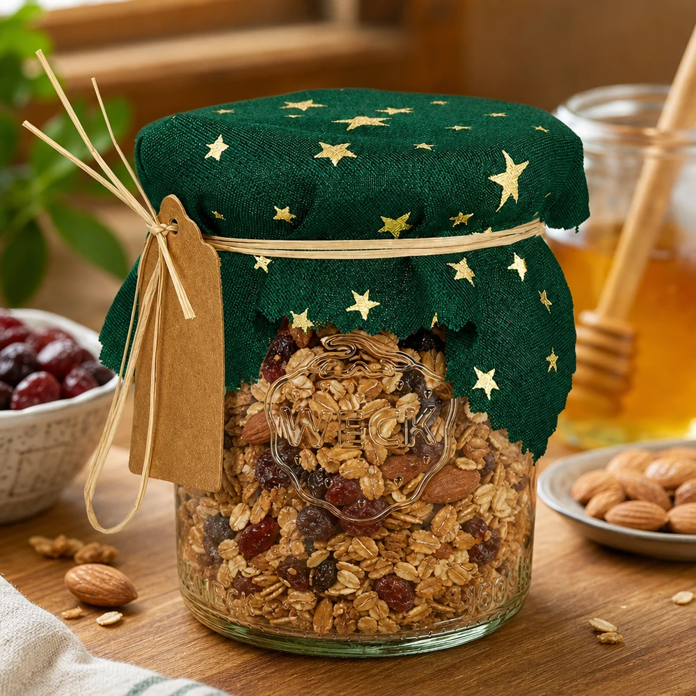 Stofdækkeserviet stjerner grøn 120x120mm firkantet Grünes Sterne-Schmuckdeckchen 12cm eckig auf Müsli-Glas mit Nüssen, dekorative Küchenaufbewahrung mit Naturbast