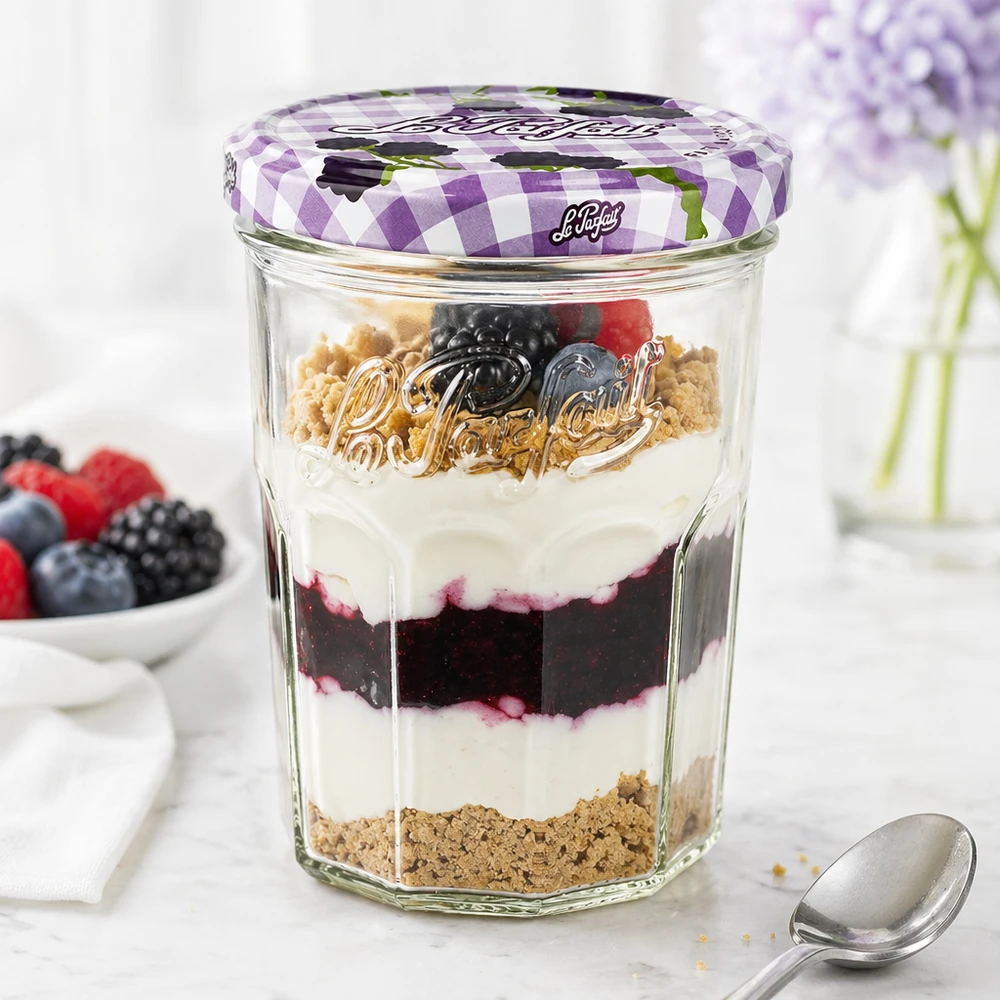 Le Parfait® Jam 385 ml Ø82 mm syltetøjsglas Le Parfait-tumblere 385 ml fyldt med bærlagdelt dessert viser alsidig brug som dessertglas