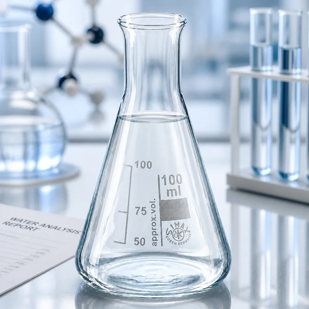 Erlenmeyer-kolbe 100 ml med smal hals Præcis 100 ml Erlenmeyer-kolbe med smal hals og graduering til nøjagtige målinger i laboratoriet