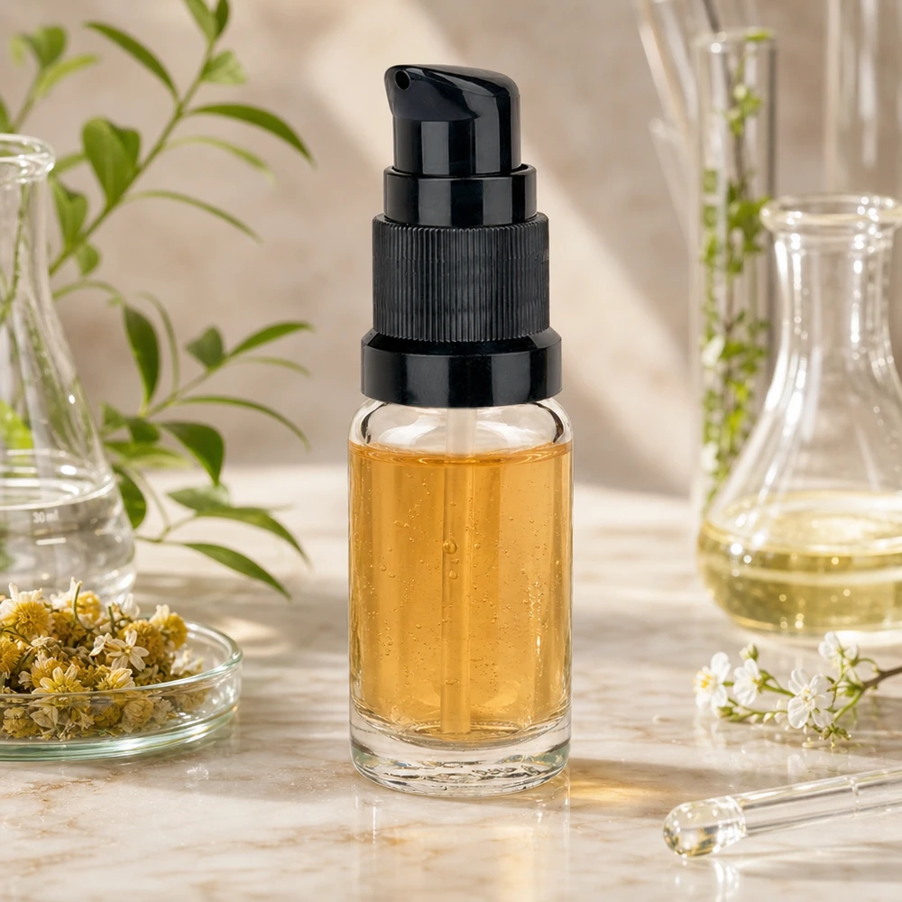 10 ml pumpeflaske sort STD ClearLine UT18/10 Gennemsigtig 10 ml flaske med sort pumpehoved og ravfarvet serum i et laboratoriemiljø